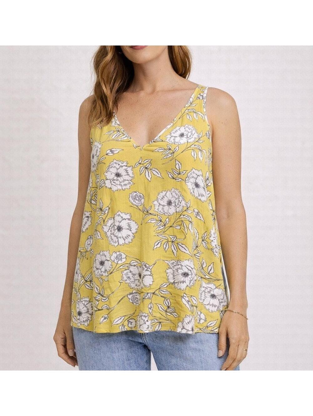 Lush Yellow Floral Blouse Large Sleeveless Boho Tank Top Flowy Spring Summer